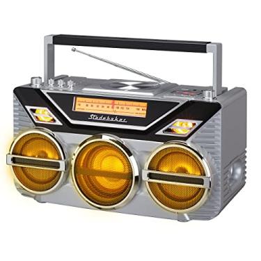 Imagem de Retro Studebaker Avanti - Boombox estéreo com CD, rádio estéreo FM, recepção e transmissão Bluetooth, espetáculo de luz LED e subwoofer de 15 W para graves de alta potência (prata)