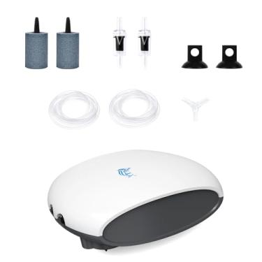 Imagem de AQQA Bomba de ar para aquário silenciosa bomba aeradora de oxigênio com saídas duplas para tanque de peixes com tubos de ar, pedras de ar e válvula de retenção (5 W para até 160 galões