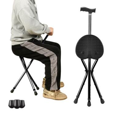 Imagem de Bengala de caminhada com assento, bengala com assento dobrável leve, ajuste de altura de bengala para idosos, suporta até 150 kg, bengala antiderrapante para homens idosos, deficientes