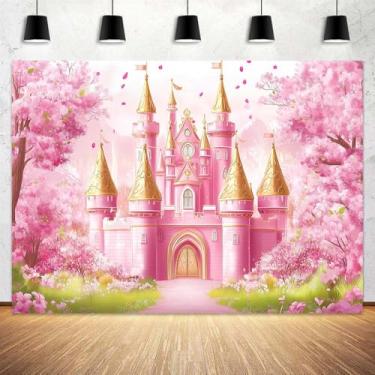 Imagem de 2,7 x 1,8 m Castelo de princesas cenário de aniversário fotografia pastel aquarela rosa castelo real fundo Sakura conto de fadas menina decoração de festa de aniversário suprimentos para bolo mesa