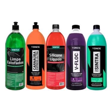 Imagem de Kit Completo Automotivo 5 Produtos 1,5L Sintra V-Floc Silicone Carnaúba Express e Limpa Estofados Limpeza Brilho e Proteção Profissional