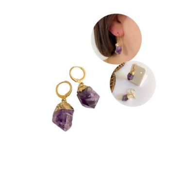 Imagem de Brincos Femininos em Cristais Naturais Mini Argola - Ateliê FS, Ametis