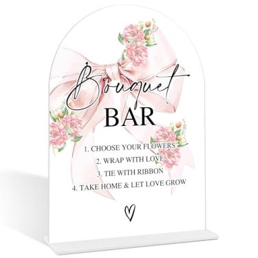 Imagem de Placa de bar buquê, placa de arco de acrílico estilo laço rosa com base, suprimentos de barra de flores, decoração de chá de panela, decorações de recepção de casamento, centros de mesa de chá de