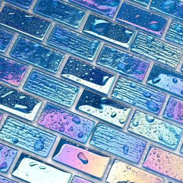 Imagem de Diflart Azulejo de vidro Mosiac, azul iridescente, tijolo de 3,5 x 5,8 cm, azulejos de vidro para piscina, cozinha, banheiro, chuveiro, fonte, parede de spa, pacote com 5 folhas