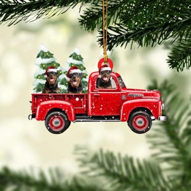 Imagem de Talataca Rottweiler Enfeite de Natal plano 2D, caminhonete vermelho Rottweiler, decoração de pinheiro, pingente de casa, lembrança de véspera, acessórios de espelho retrovisor de carro, presente de