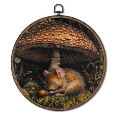 Imagem de Giosve Pôster emoldurado em tela redonda de arte de parede com cogumelo floresta, Dark Academia Cottagecore, antigo, floresta, botânica, para decoração de casa, quarto, sala de estar, 25 x 25 cm