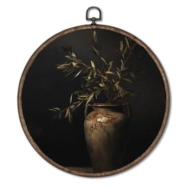 Imagem de Giosve Pôster emoldurado vintage rústico com hastes de oliveira mal-humoradas em tela emoldurada, esculturas de parede florais de cerâmica antiga Dark Cottagecore para decoração de casa, quarto, sala