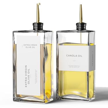 Imagem de HCYWOC Dispensador de azeite de oliva para cozinha, frasco dispensador de azeite de oliva de 500 ml, garrafas de óleo de vidro para cozinha com 4 despejadores de aço inoxidável, 40 etiquetas, 2 peças