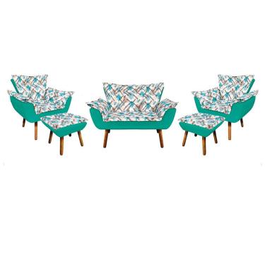 Imagem de Kit 01 Namoradeira Com 02 Poltronas E 02 Puffs Opala Composê Suede Com Estampado Traçado Azul D33 Pés Palito Castanho Verde Turquesa