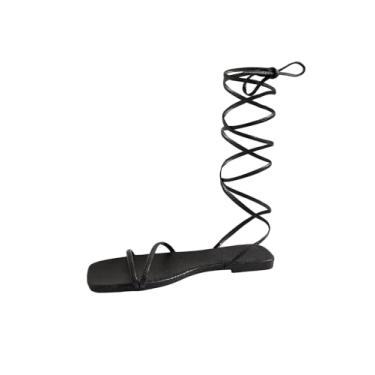 Imagem de GORGLITTER Sandália feminina gladiadora plana com cadarço elegante e bico aberto com tiras, Preto, 38