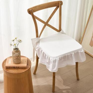 Imagem de vctops Almofada de cadeira de algodão com babados para cozinha, sala de jantar, casa de fazenda, neutro, almofada de assento fina, espuma macia, antiderrapante, com capa removível (branca, 40,6 x 40,6