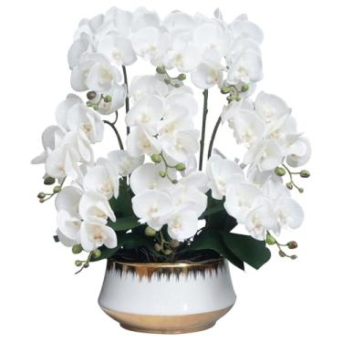 Imagem de CXGS Orquídeas Flor artificial de toque real orquídea falsa em vaso de cerâmica grande 60 cm realista branco falso Phalaenopsis arranjos florais mesa de centro de mesa decoração interna para casa