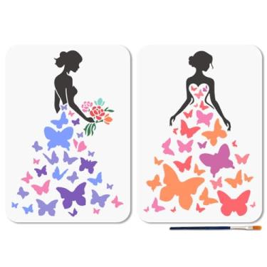 Imagem de MAYJOYDIY 2 peças de estêncil de dama de borboleta A4 reutilizável noiva mulher estêncil para pintura 8,3 × 11,7 polegadas modelo de desenho de flores com pincel para parede móveis papel tela