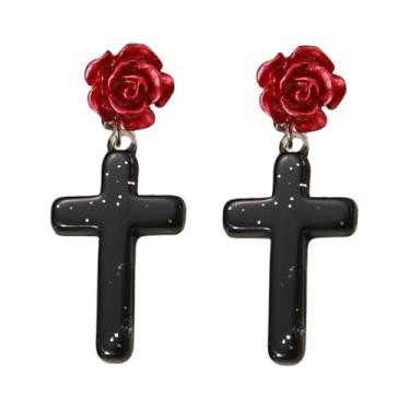 Imagem de Brincos pendentes de cruz de rosa acrílica para mulheres, brincos pendentes de resina com glitter, declaração de Halloween, leve, romântico, floral, florescendo, joia delicada, gótica, festa