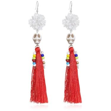 Imagem de JNONL Brincos de pingente de flor de esqueleto exclusivos feitos à mão com pingente de cristal brilhante e pingente de caveira para mulheres, Large, Metal, Sem pedra preciosa