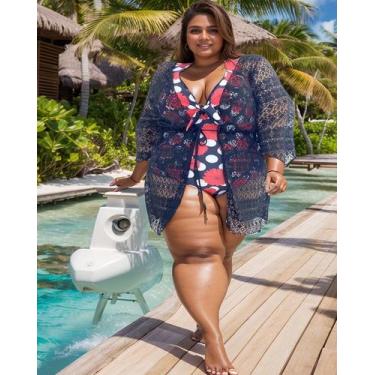 Imagem de saída de praia plus size canga toda em renda franzida midi tamanho gra