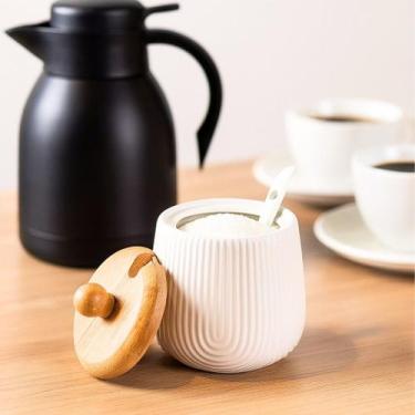 Imagem de Pote de Açúcar Cerâmica Oasis 330ml  Tampa de Bambu e Colher Inclusa -