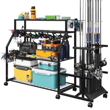 Imagem de TC-HOMENY Suportes grandes de vara de pesca para garagem, serve para 12 varas, carrinho de rack de vara de pesca de 4 níveis com prateleiras ampliadas, organizador de equipamentos de pesca, carrinho