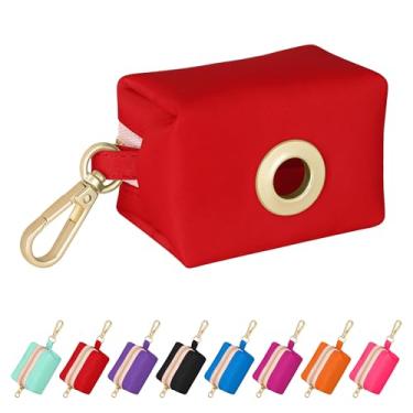 Imagem de Didog Suporte de saco de cocô de cachorro de nylon colorido com ilhós de metal e clipe mosquetão, zíper liso, inclui 1 rolo de 15 sacos, vermelho