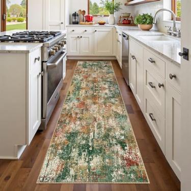 Imagem de RELEANY Tapetes de área laváveis 6 x 15 cm, antiderrapante, moderno, abstrato, macio para sala de estar, entrada, quarto, berçário, estampa impressa, verde, laranja, ferrugem, vermelho, creme