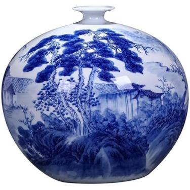 Imagem de AKALNNB Vaso de porcelana azul e branco mestre de cerâmica mestre pintado à mão vaso de porcelana azul e branco arranjo de flores estilo chinês antigo prateleira de sala de estar