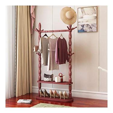Imagem de Cabideiro simples de madeira maciça, cabide de chão, chapéu, quarto, sala de estar, cabide de roupas com prateleira de 2 prateleiras (cor: marrom avermelhado) (marrom avermelhado)