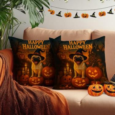 Imagem de HOMETITUTE Pacote de capas de travesseiro de Halloween com chapéu de bruxa, lanterna de abóbora, casa assombrada, design 165 g, cetim brilhante, capas de almofada, almofadas decorativas