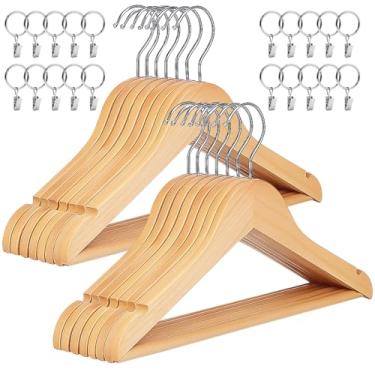 Imagem de Pacote com 20 cabides de madeira para bebês, cabides infantis de madeira com clipes de anel para armário, cabides de roupas infantis com calças, barra e entalhes no ombro, ganchos giratórios, 30 x 19