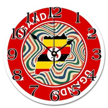 Imagem de TLTDSMY Relógio de parede com bandeira de Uganda, mapa retrô colorido, atração turística, 25,4 cm, relógios de parede redondos operados por bateria, silencioso, para viagem, quarto, sala de estar