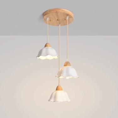 Imagem de YQSLQZZ Lustre de cerâmica branco, 3 luzes de teto penduradas em ilha de cozinha, iluminação decorativa acima da mesa de jantar, luminária pendente, para restaurante, bar, café