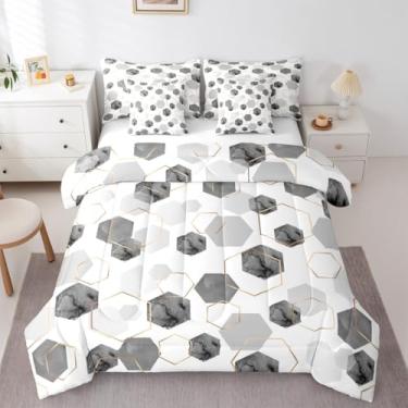 Imagem de Erosebridal Conjunto de edredom cinza moderno com lençol solteiro - Conjunto de cama minimalista geométrico de mármore, decoração de arte geométrica abstrata fresca em uma bolsa para meninos e meninas