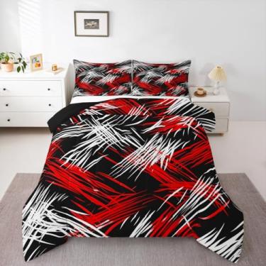 Imagem de Feelyou Conjunto de edredom Queen, vermelho, preto e cinza, para crianças, meninos, meninas, listras, arte moderna, decoração de quarto, microfibra, 3 peças com 2 fronhas
