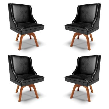 Imagem de Kit 4 Cadeiras Decorativas Sala de Jantar Base Giratória de Madeira Firenze PU Preto Brilho/Natural G19 - Gran Belo