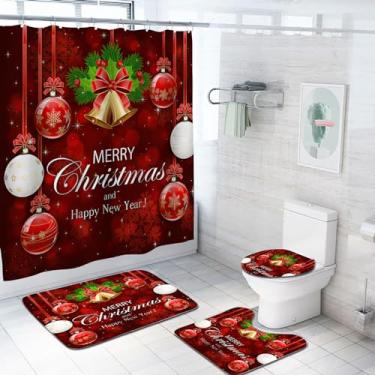 Imagem de Conjunto de cortina de banheiro com árvore de Natal vermelha, impermeável, Papai Noel, tapetes antiderrapantes, cobertura de vaso sanitário, cortinas de banho com ganchos