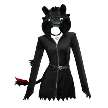 Imagem de Mobbunny Vestido de pijama feminino derivado de filme preto com capuz chapéu de dragão para casa fantasia de Halloween com cinto e cauda, Preto, P