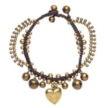 Imagem de 81stgeneration Pulseira étnica feminina de latão dourado com pingente de coração e contas, 20 cm