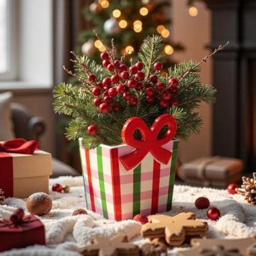 Imagem de DIF DECO Vaso de Natal com laço vermelho, vaso de cerâmica exclusivo para saco de papel, 16,5 cm, lindo vaso de flores de Natal para centros de mesa, casa, sala de estar, prateleira, decoração moderna