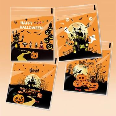 Imagem de 100 peças de saco de doces de Halloween com estampa mista de desenhos animados, saco de biscoitos de açúcar, celofane transparente autovedante para Halloween (estilo 1)
