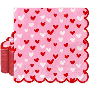 Imagem de FYSUIMU Guardanapo de papel de dia dos namorados com 100 guardanapos descartáveis recortados de almoço rosa vermelho coração decorativo guardanapo de jantar para festa de aniversário de casamento
