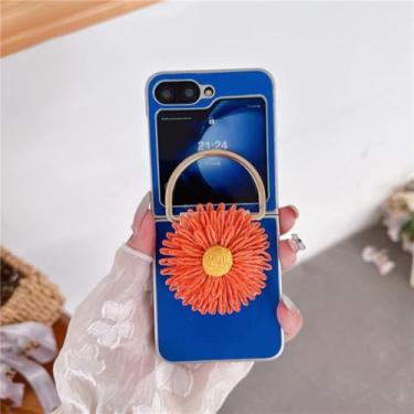 Imagem de Capa para Galaxy Z Flip5, capa de celular com flor fofa e suporte de anel, capas rígidas de couro para meninas (para Galaxy Z Flip5/azul)