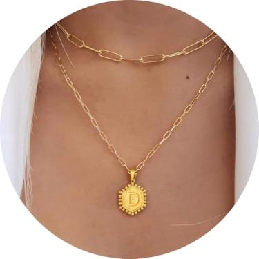 Imagem de Colar personalizado com pingente de letra A-Z, design hexagonal de corrente de camada dupla, joia minimalista de aço inoxidável para mulheres, F, Aço inoxidável, Sem Pedra Preciosa