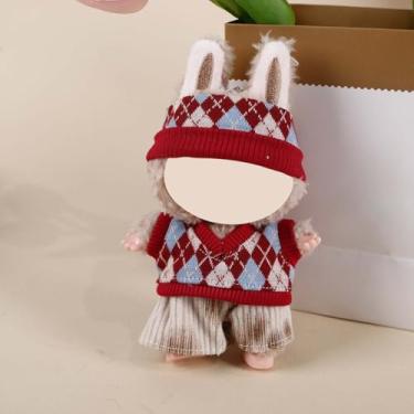 Imagem de Compatível com Labubu (sem boneca) - vermelho - conjunto de malha marrom (gorro + suéter + shorts de veludo cotelê), roupas de boneca de 15 cm/17 cm (vermelho - marrom)