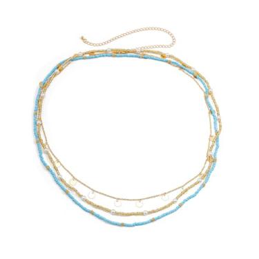 Imagem de Corrente de barriga banhada a ouro 14K em camadas ajustável à prova d'água cintilante lantejoulas brilhantes corrente de biquíni sexy com corda elástica escalável - marrom aqua dourado, Standard