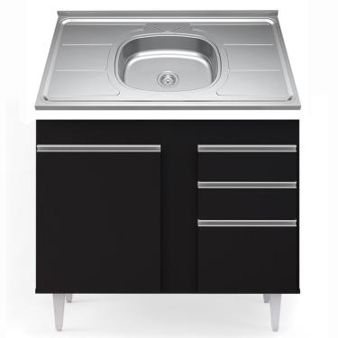 Imagem de Balcão Gabinete Com Pia Inox 100cm 2 Portas 2 Gavetas Luziania Preto - Lumil