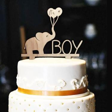 Imagem de Topo de bolo de madeira é um menino, topo de bolo de bebê com tema de elefante para aniversário, aniversário, revelação de gênero, decorações de festa de chá de bebê