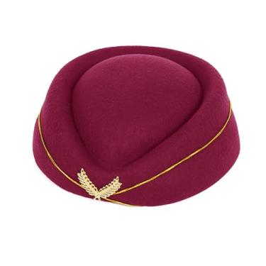 Imagem de Boina feminina de uniforme profissional com distintivo de folha, hotel e comissária de bordo, boné de lã formal cerimonial, Vinho tinto, tamanho �nico