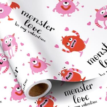 Imagem de RUSPEPA Rolo de papel de embrulho engraçado para o Dia dos Namorados, 43 cm x 40 cm, mini rolo, embrulho de presente de monstro fofo, papel Monster Love Be My Valentine perfeito para meninos e meninas