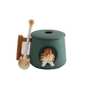 Imagem de DIHOclub Adorável caneca animal de cerâmica 3D com tampa e colher - perfeita para café, chá, leite e mais - presente ideal para amantes de animais - 400 ml (cauda de gato verde)