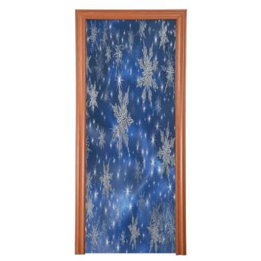Imagem de Capa de porta de flocos de neve brilhantes azul Natal decoração faixa de fundo para varanda banheiro festa de férias M35x79in