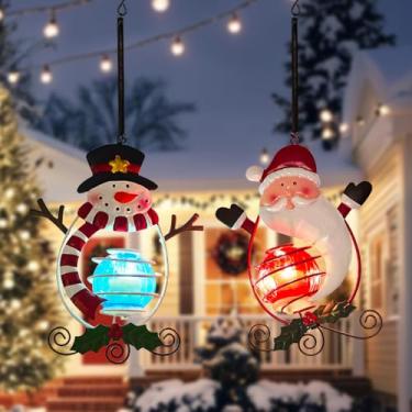 Imagem de Luzes solares de Natal para pendurar Papai Noel e boneco de neve, 2 unidades com molas saltitantes para decoração de varanda e jardim interno ao ar livre